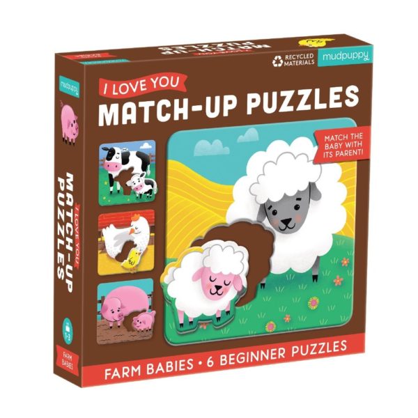 Match the baby with its parent! Farm Babies I Love You Match-Up Puzzles from Mudpuppy include 6 puzzle boards and 6 shaped puzzle pieces for young puzzlers ages 1-3 to match up. These beginner puzzles feature adorable artwork celebrating the bond between babies and their caregivers. - Match the baby with its parent! - 6 beginner puzzles - Extra-thick puzzle boards + 1 shaped puzzle piece per board - Each puzzle board: 6.75 x 6.75”, 17 x 17 cm - Box: 7.5 x 7.5 x 1.5”, 19 x 19 x 4 cm - Ages 1-3