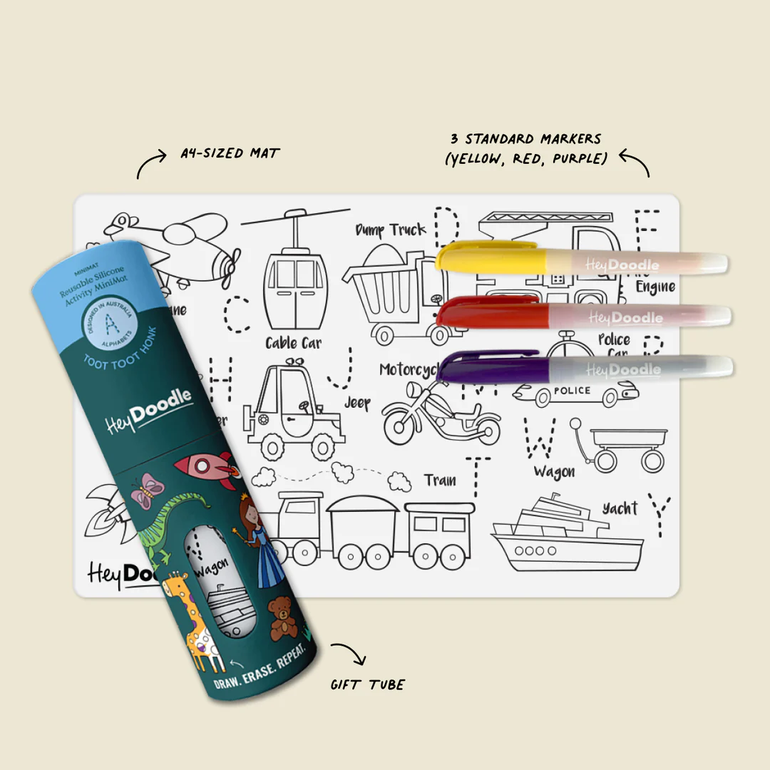 Toot Toot Honk Mini Coloring & Doodle Mat Hey Doodle Reusable Drawing Mat
